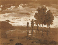 ANTONIO FONTANESI, Landscape at Sunset, black chalk, heightened with white